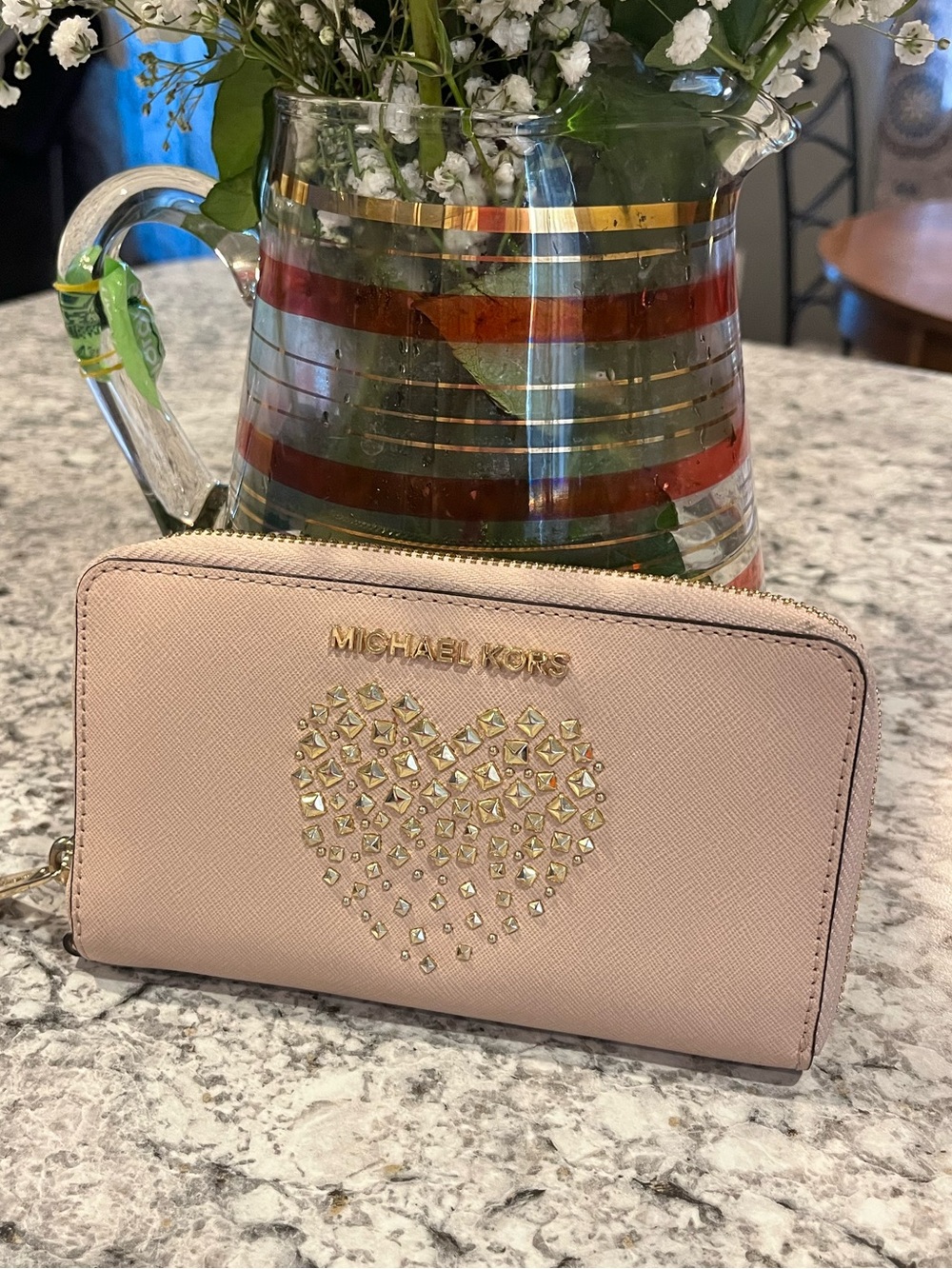 Michael Kors Blush Pink Studded Heart Zip-Around Wallet